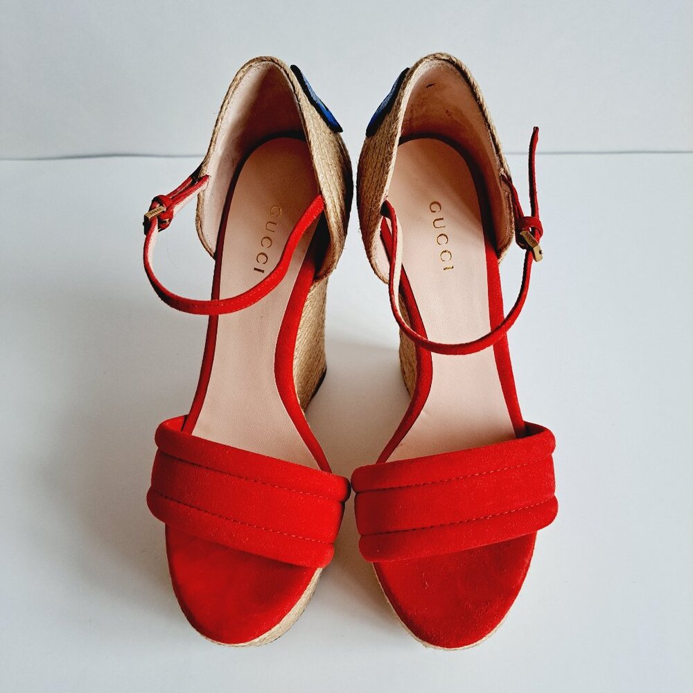 Gucci Red Suede Floral Embroidered Wedge Platform Ankle Strap Size 36.5 - Picture 2 of 16